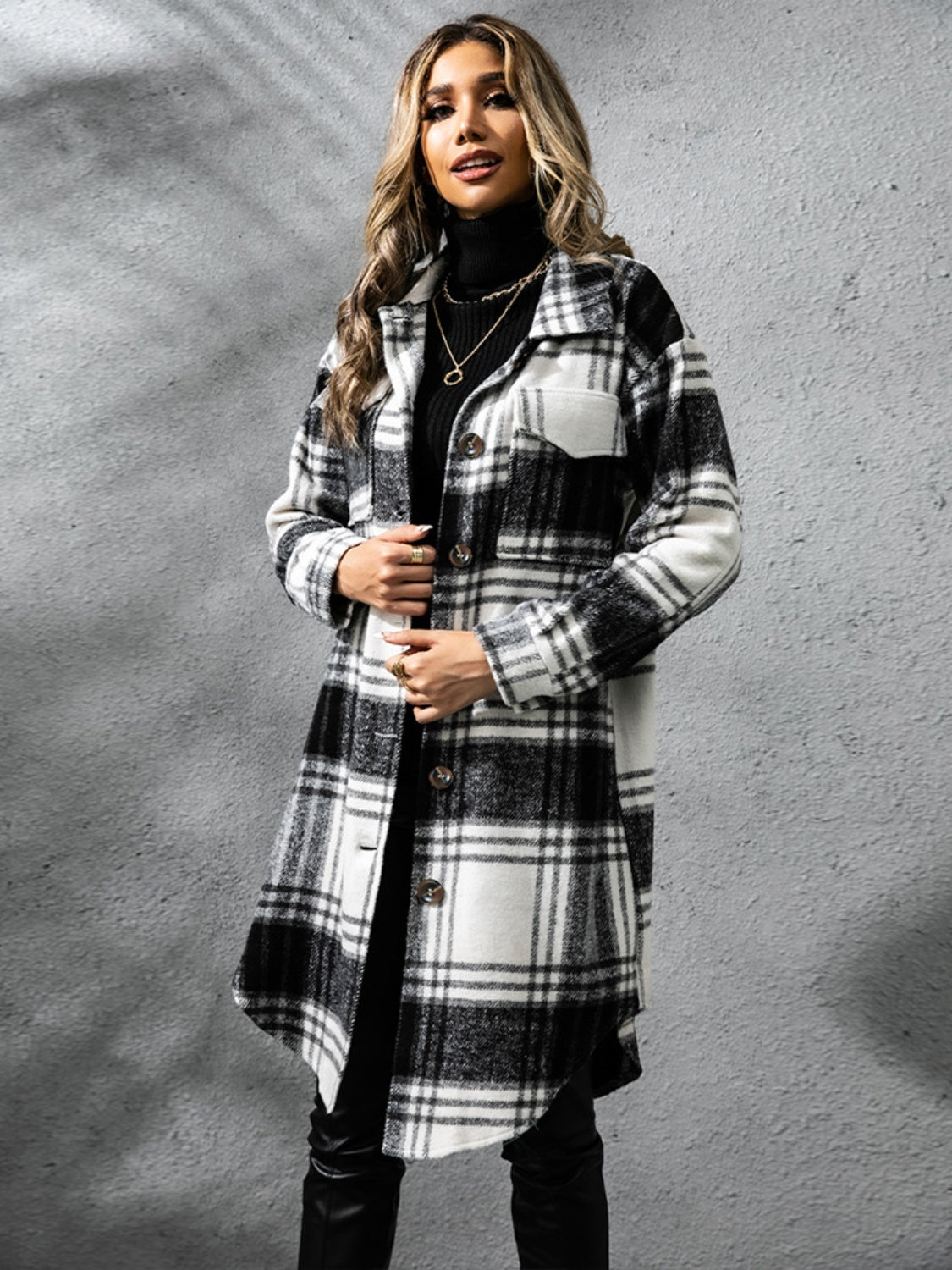 Plaid Collared Neck Long Sleeve Jacket - T - 2 COLORS -