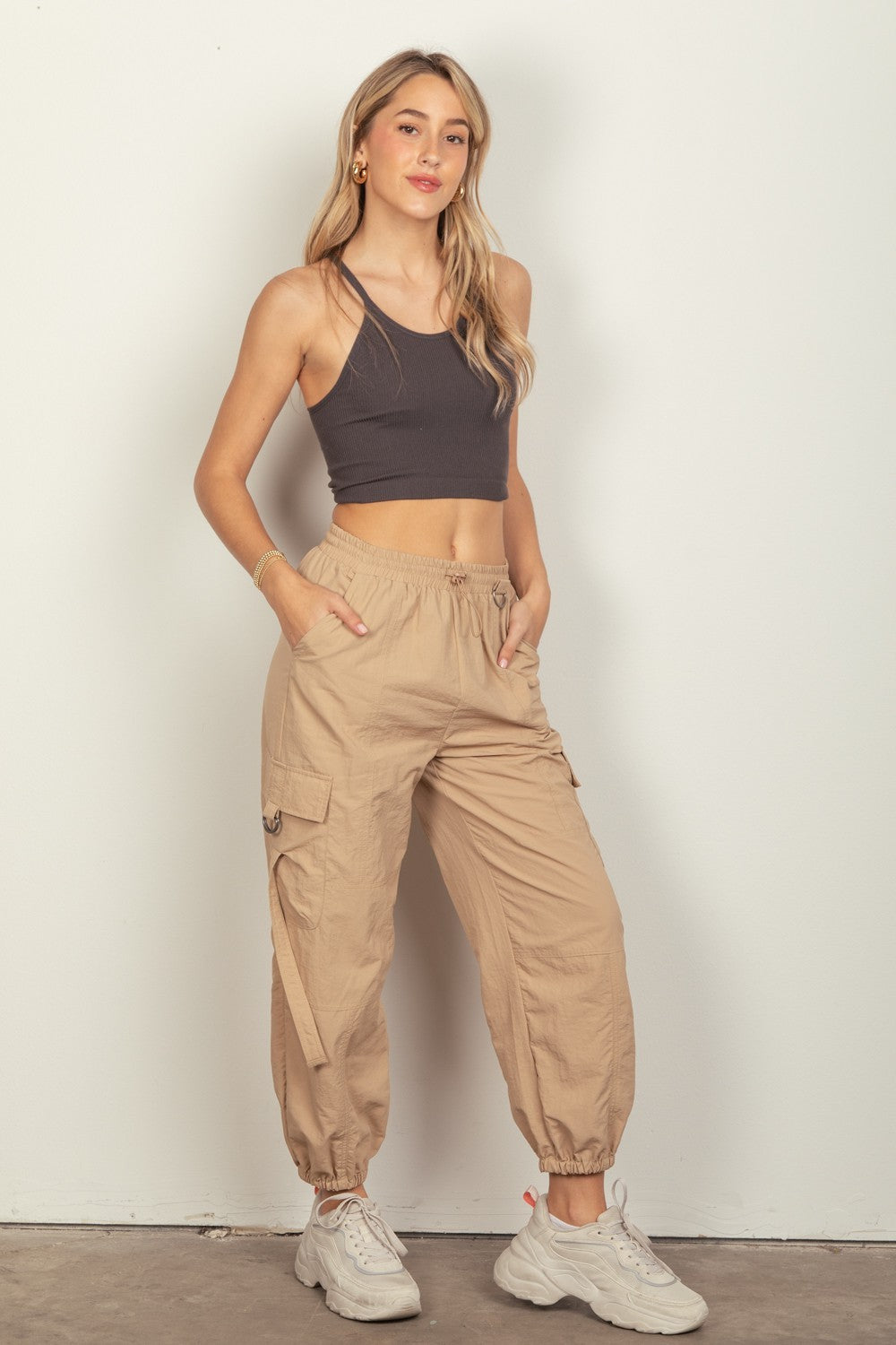 VERY J Elastic Waist Woven Cargo Pants - T - 1 COLOR -