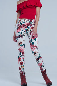 Thumbnail for Q2 - White Jeans With Roses Print - 1 COLOR -