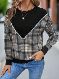 Thumbnail for Perfee Plaid Round Neck Long Sleeve Sweatshirt - T - 1 COLOR -