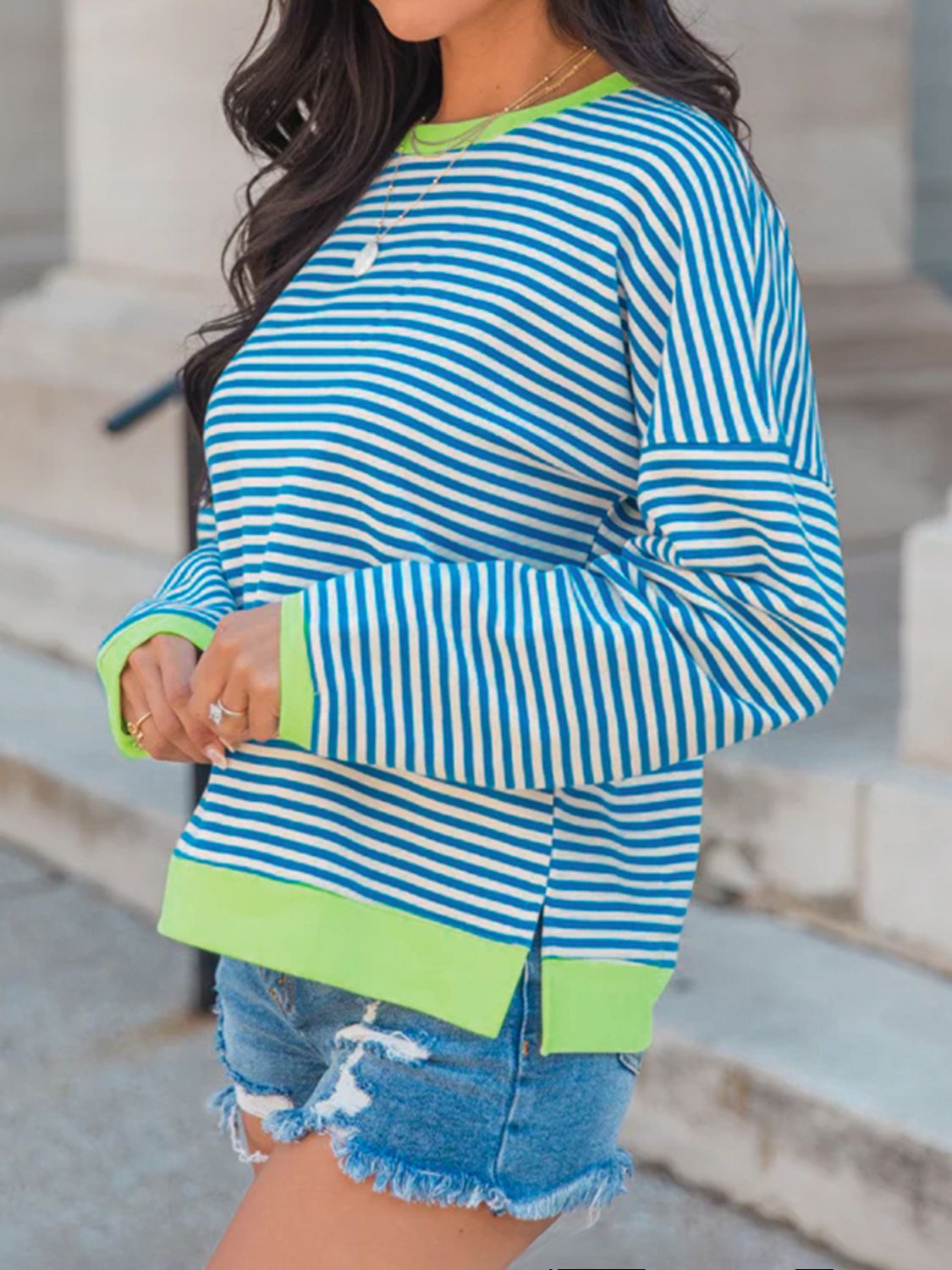 Perfee Striped Round Neck Long Sleeve Sweatshirt - T - 1 COLOR -