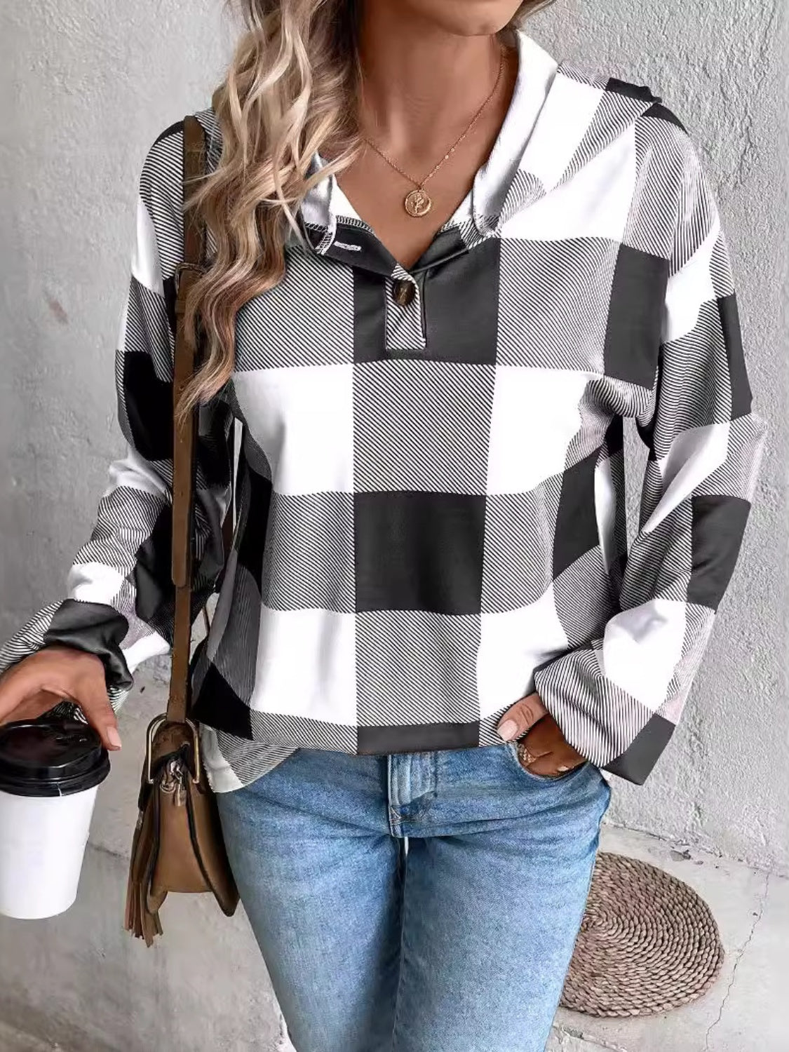 Plaid Dropped Shoulder Long Sleeve Hoodie Top - T - 2 COLORS -