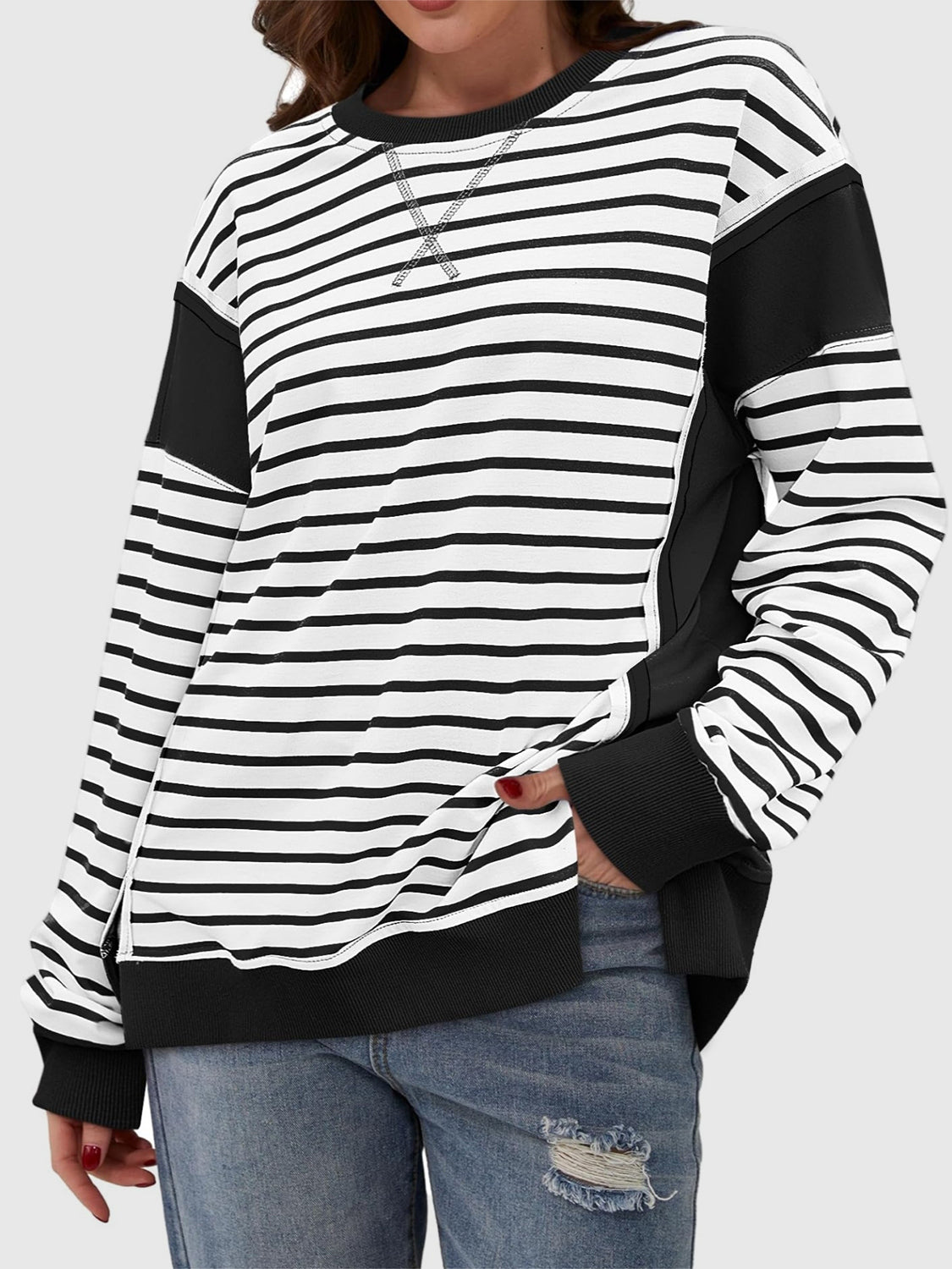 Slit Exposed Seam Striped Long Sleeve Sweatshirt - T - 8 COLORS -