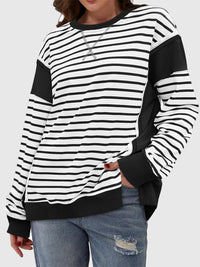 Thumbnail for Slit Exposed Seam Striped Long Sleeve Sweatshirt - T - 8 COLORS -