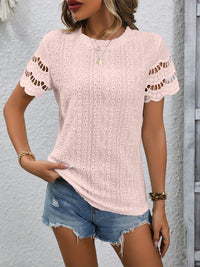 Thumbnail for Full Size Eyelet Round Neck Short Sleeve Top - T - 11 COLORS -