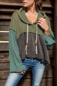 Thumbnail for Waffle-Knit High-Low Color Block Hooded Long Sleeve Top - T - 1 COLOR -