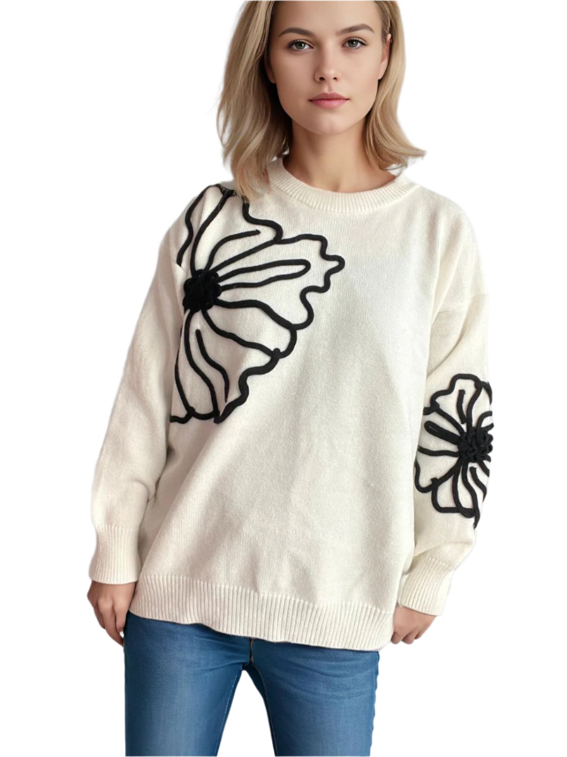 Flower Round Neck Long Sleeve Sweater - T - 4 COLORS -