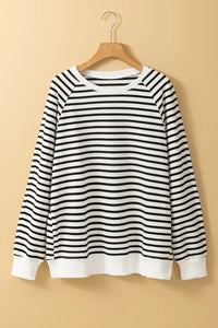 Thumbnail for Slit Striped Round Neck Long Sleeve Sweatshirt - T - 1 COLOR -