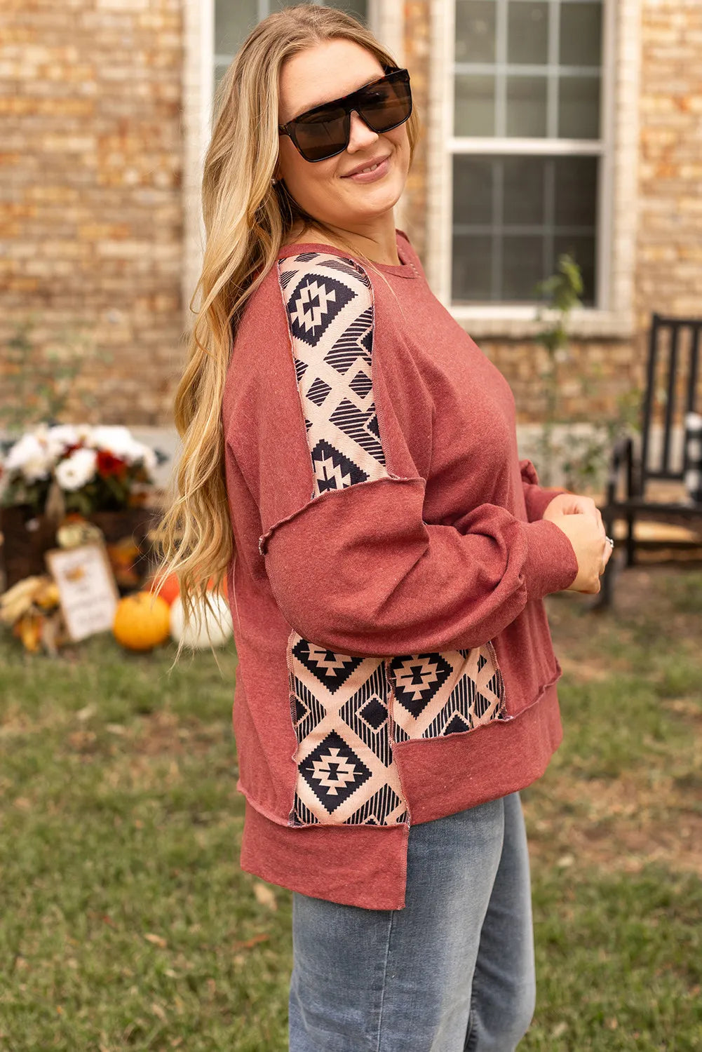 Plus Size Geometric Round Neck Long Sleeve Sweatshirt - XL THRU 4XL ONLY - T - 1 COLOR -