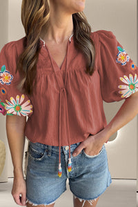 Thumbnail for Embroidered Tie Neck Half Sleeve Blouse - T - 3 COLORS -