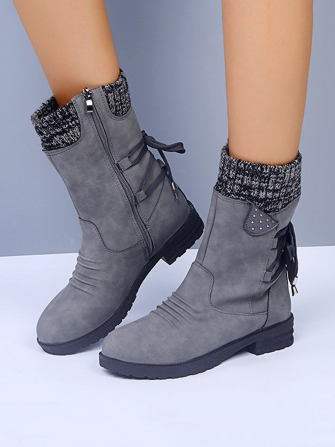 Lace-Up Low Heel Boots with Side Zip - T - 5 COLORS -