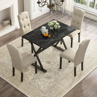 Thumbnail for Solid Wood 5-Piece Dining Table Set With Faux Marble Tabletop and Upholstered Dining Chairs for 4, Faux Marble Black+Bei