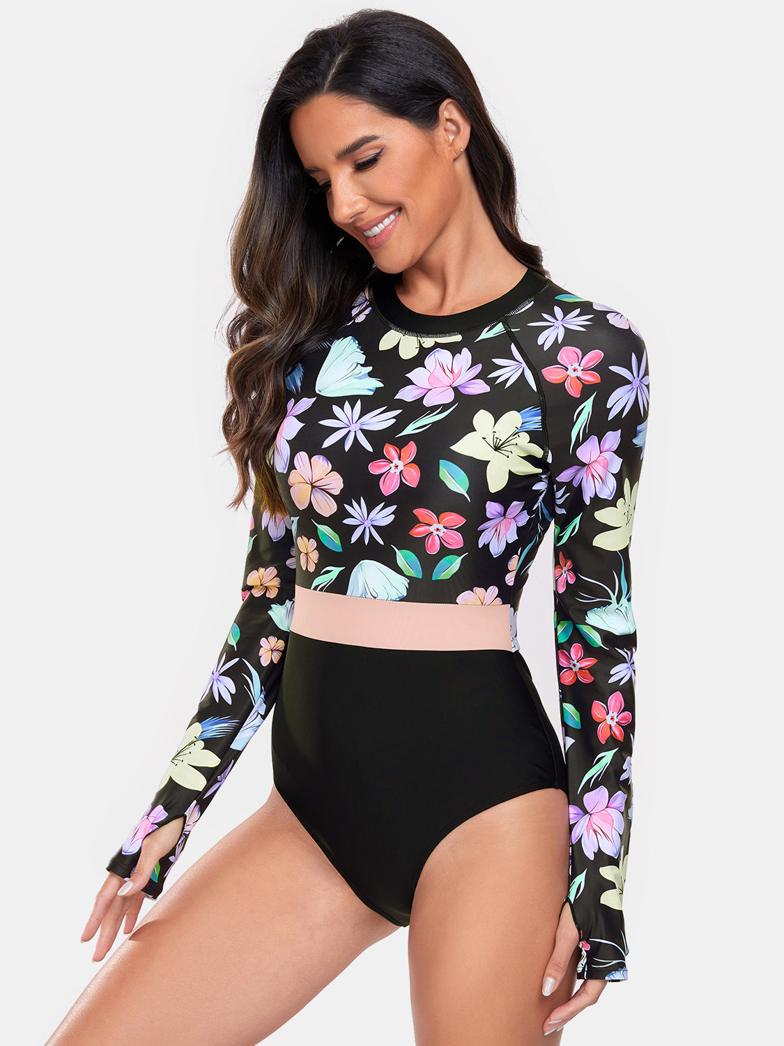 Flower Round Neck Long Sleeve One-Piece Swimwear - T - 1 COLOR -