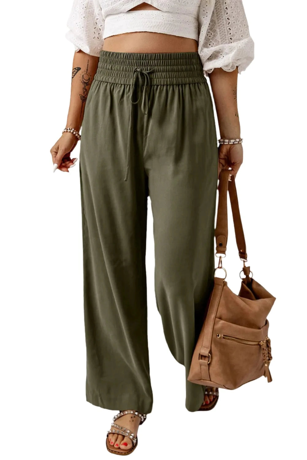 Smocked High Waist Wide Leg Pants - T - 1 COLOR -