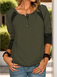 Thumbnail for Full Size Striped Quarter Button Long Sleeve T-Shirt - T - 6 COLORS -