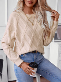 Thumbnail for Geometric Round Neck Long Sleeve Sweater - T - 2 COLORS -