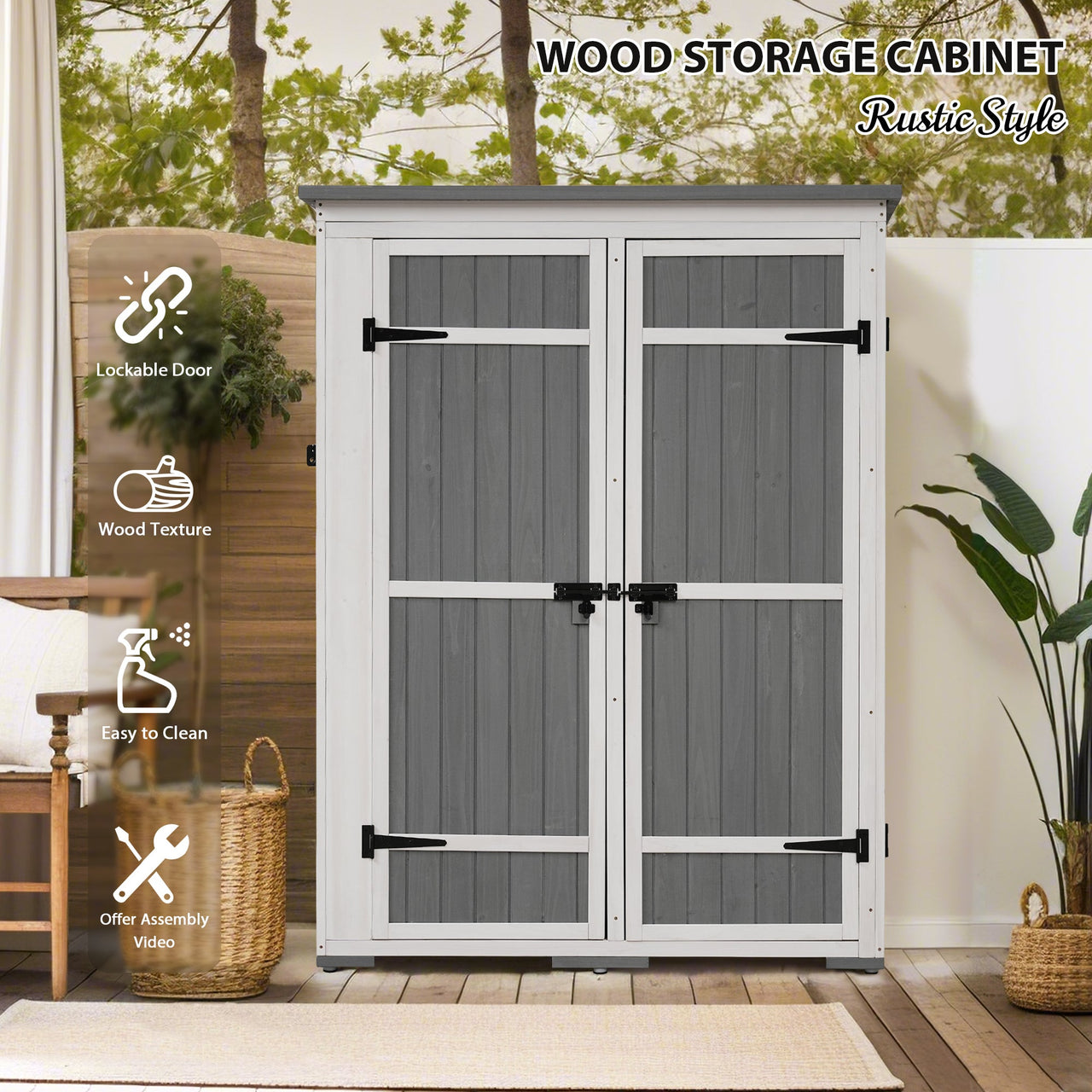 Outdoor 5.5ft Hx4.1ft L Wood Storage Shed, Garden Tool Cabinet With Waterproof Asphalt Roof, Four Lockable Doors, Multip