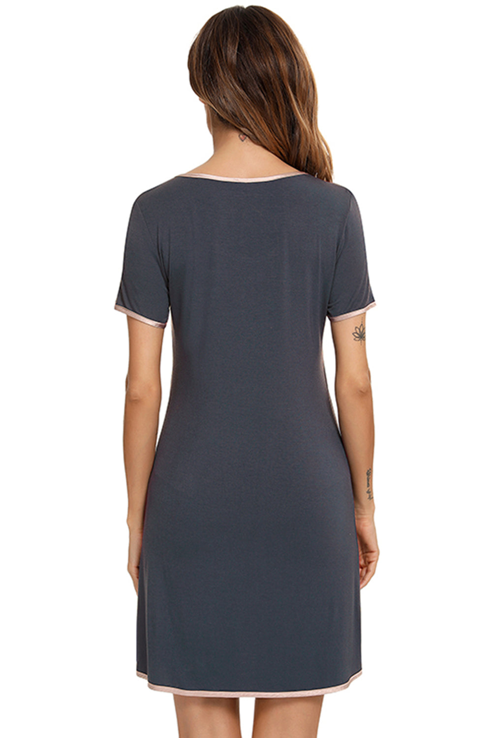 Contrast Trim Pocketed Round Neck Lounge Dress - T - 4 COLORS -