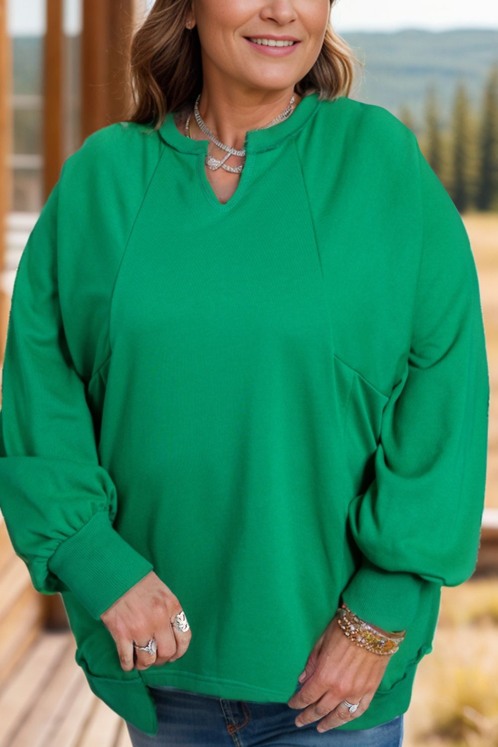 Plus Size Cutout Hem Notched Long Sleeve Sweatshirt - XL THRU 4XL ONLY - T - 1 COLOR -