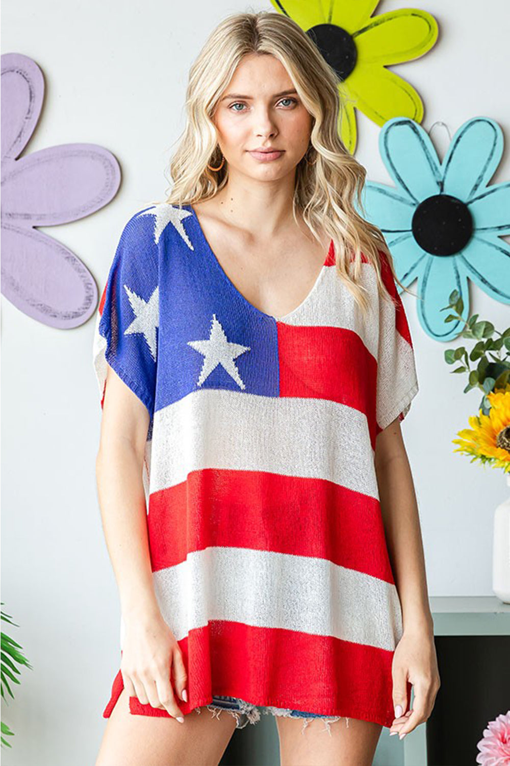 First Love Full Size USA Flag Drop Shoulder Knit Top - T - 1 COLOR -