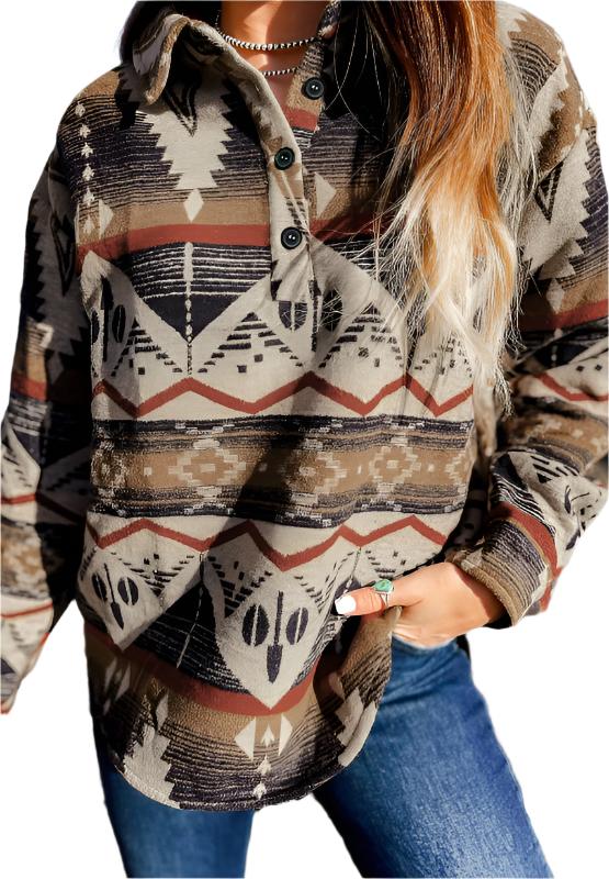 Geometric Half Button Long Sleeve Sweatshirt - T - 1 COLOR -