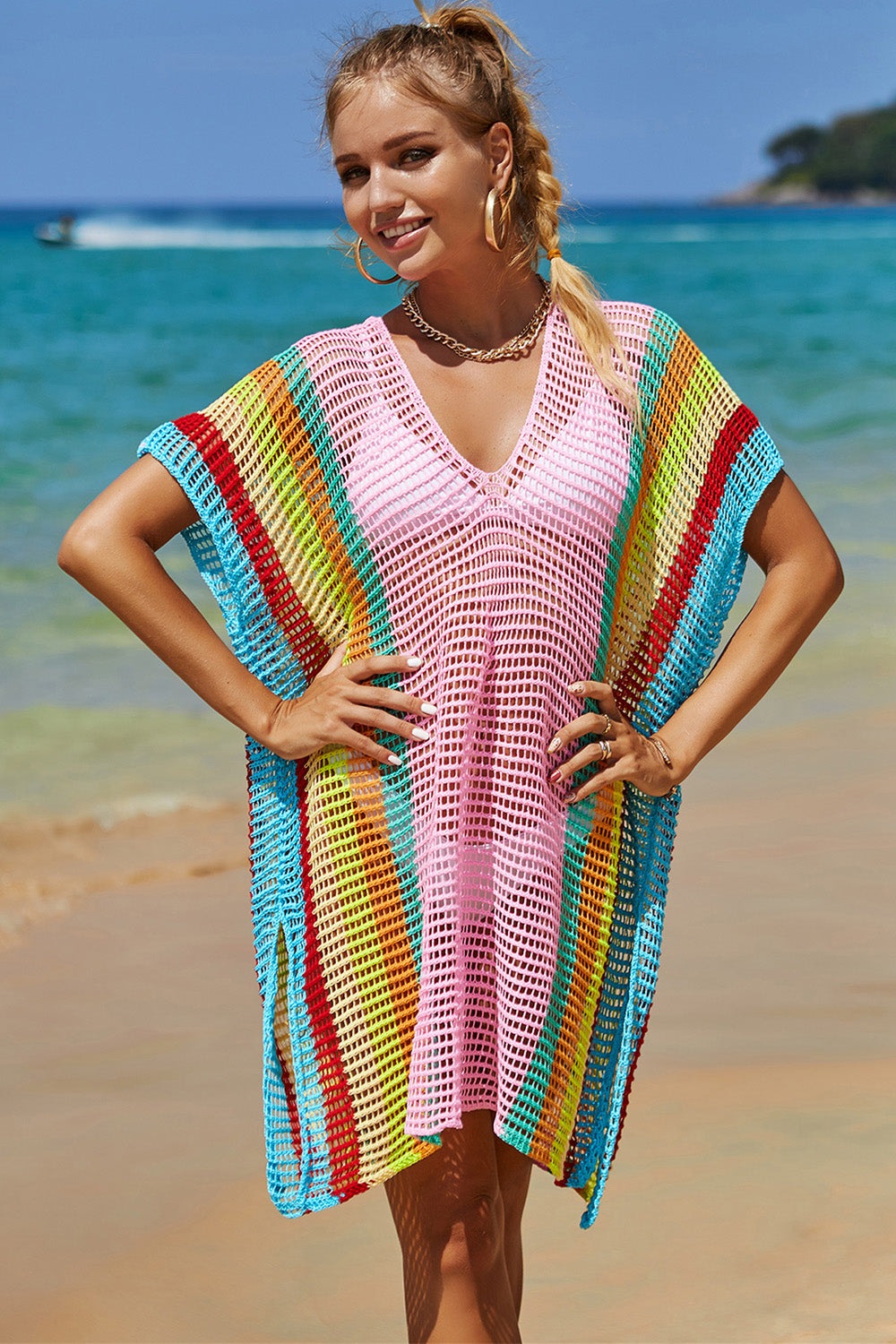 Openwork Striped Slit Knit Cover Up - 1 SIZE FITS ALL - T - 4 COLORS -