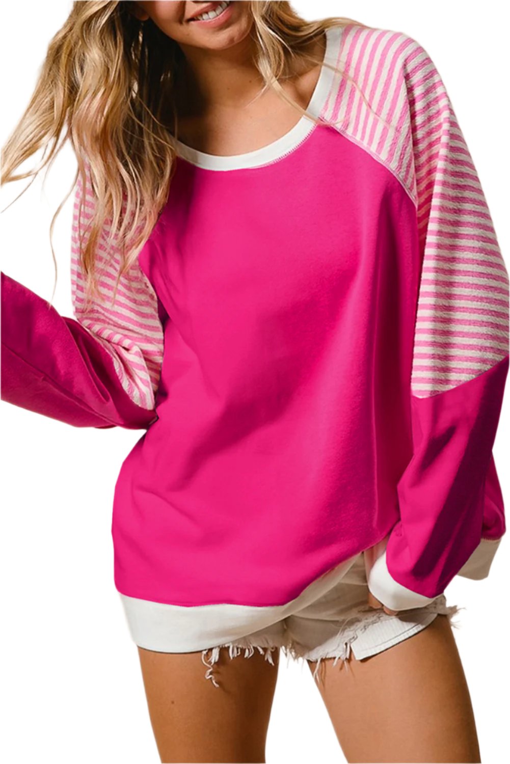 Striped Round Neck Long Sleeve Sweatshirt - T - 1 COLOR -