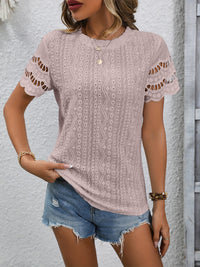 Thumbnail for Full Size Eyelet Round Neck Short Sleeve Top - T - 11 COLORS -