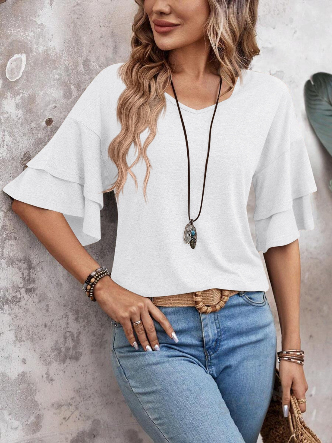 V-Neck Half Sleeve Blouse - T - 5 COLORS -