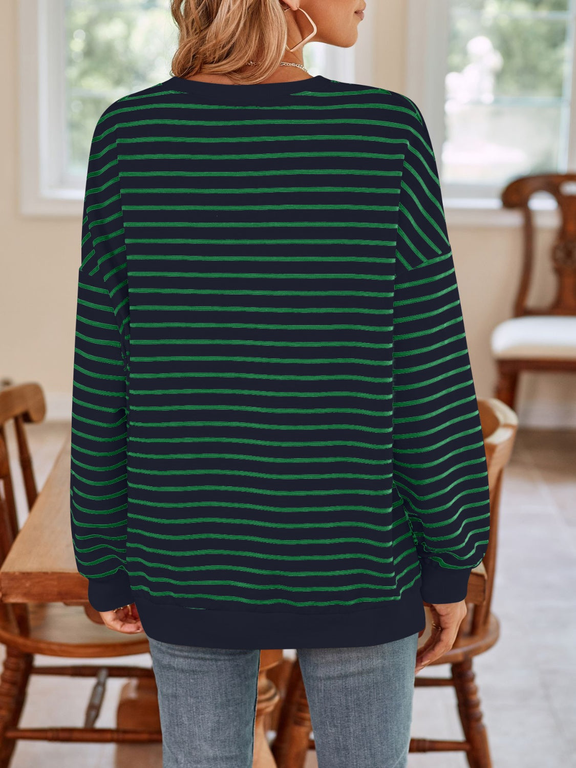 Striped Round Neck Long Sleeve Sweatshirt - T - 6 COLORS -