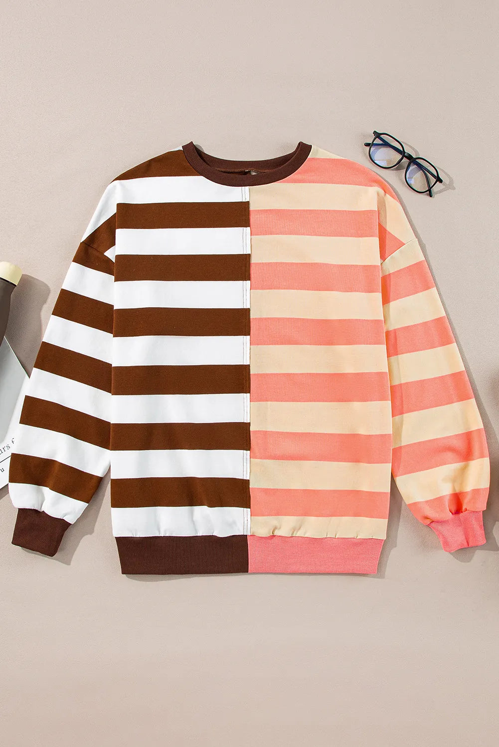 Striped Round Neck Long Sleeve Sweatshirt - T - 1 COLOR -