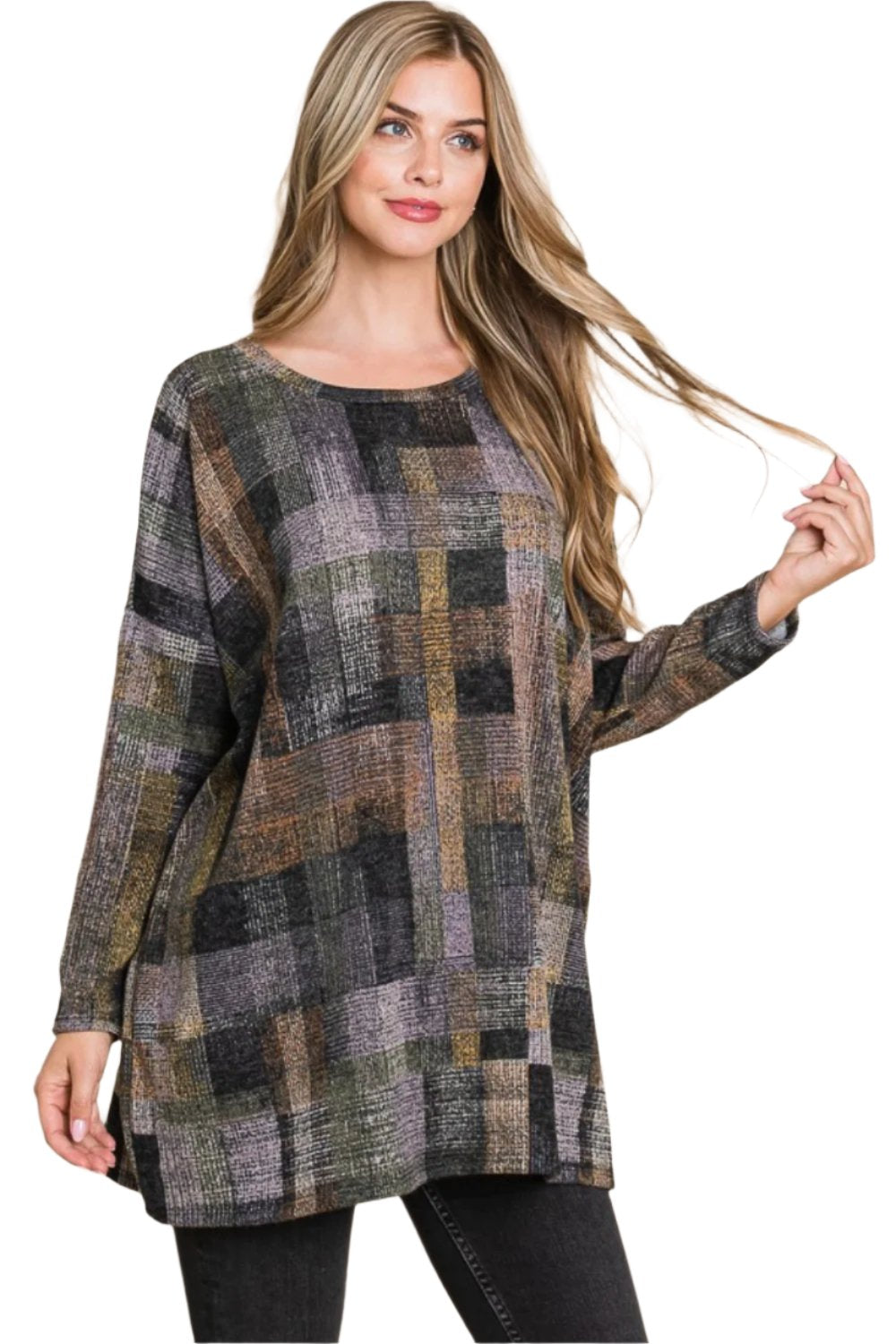 BOMBOM Plaid Round Neck Long Sleeve Top - T - 1 COLOR -