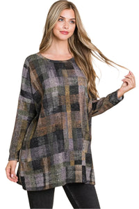 Thumbnail for BOMBOM Plaid Round Neck Long Sleeve Top - T - 1 COLOR -