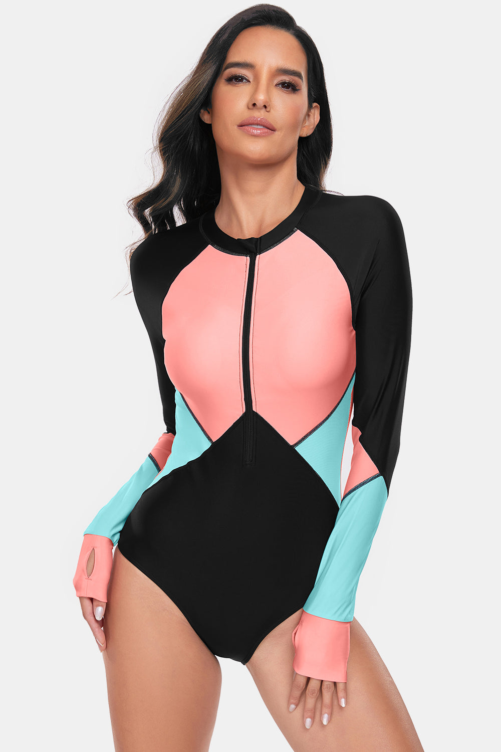 Color Block Half Zip Long Sleeve One-Piece Swimwear - T - 1 COLOR -