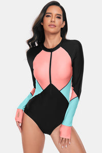 Thumbnail for Color Block Half Zip Long Sleeve One-Piece Swimwear - T - 1 COLOR -