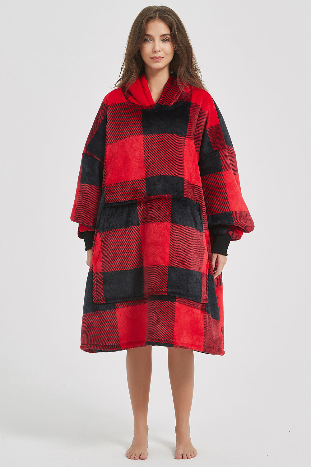 Plaid Hooded Oversize Fuzzy Lounge Dress - 1 LARGE OVERSIZE - T - 1 COLOR -