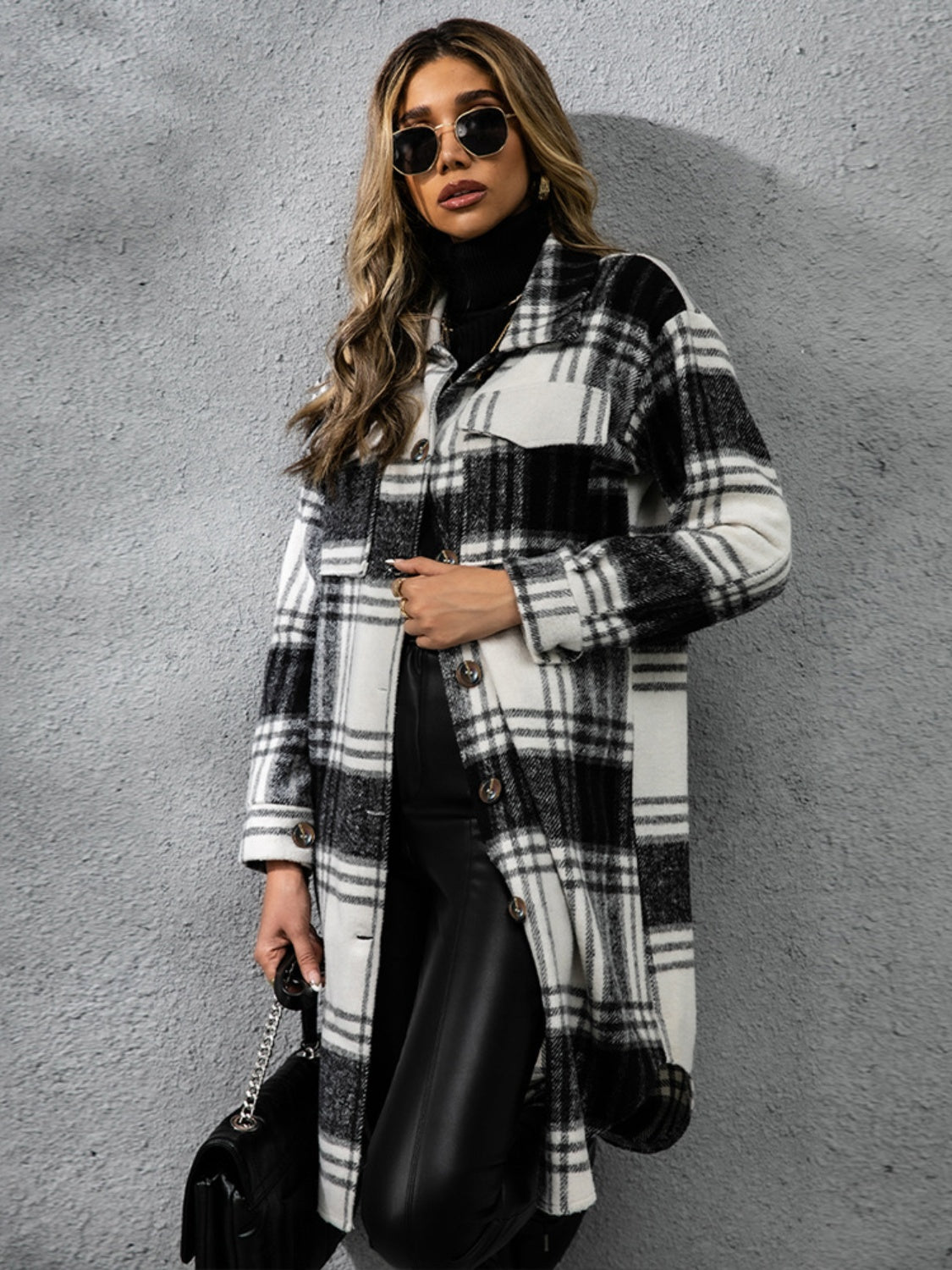 Plaid Collared Neck Long Sleeve Jacket - T - 2 COLORS -