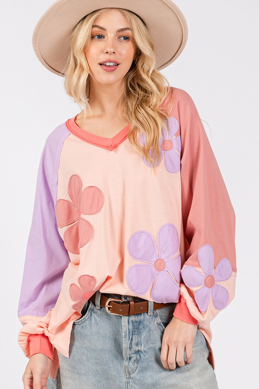 SAGE + FIG Full Size Daisy Applique Patch Color Block Long Sleeve Top - T - 1 COLOR -