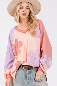 Thumbnail for SAGE + FIG Full Size Daisy Applique Patch Color Block Long Sleeve Top - T - 1 COLOR -