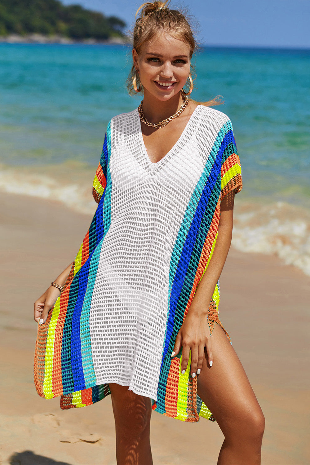 Openwork Striped Slit Knit Cover Up - 1 SIZE FITS ALL - T - 4 COLORS -