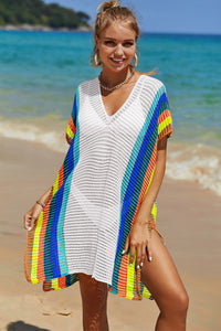 Thumbnail for Openwork Striped Slit Knit Cover Up - 1 SIZE FITS ALL - T - 4 COLORS -