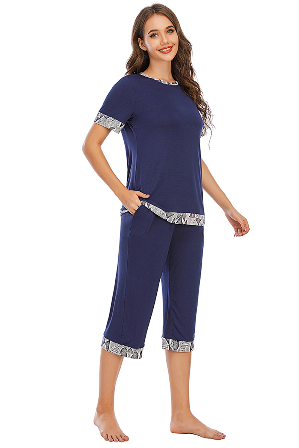 Round Neck Short Sleeve Top and Capris Pants Lounge Set - 2 PCS. - T - 3 COLORS -