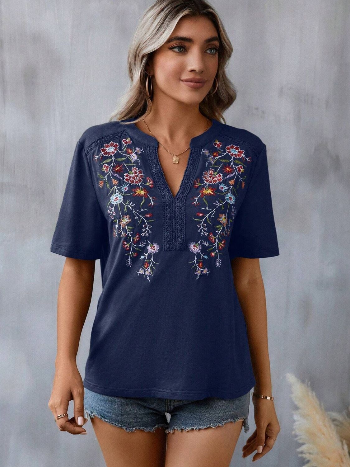 Embroidered Notched Short Sleeve T-Shirt - T - 5 COLORS -