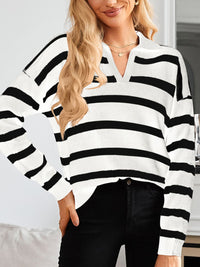 Thumbnail for Striped Johnny Collar Long Sleeve Sweater - T - 3 COLORS -