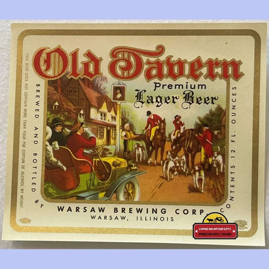 Vintage 1940s Old Tavern Lager Beer Label Warsaw, Il - Drinking While Driving!?