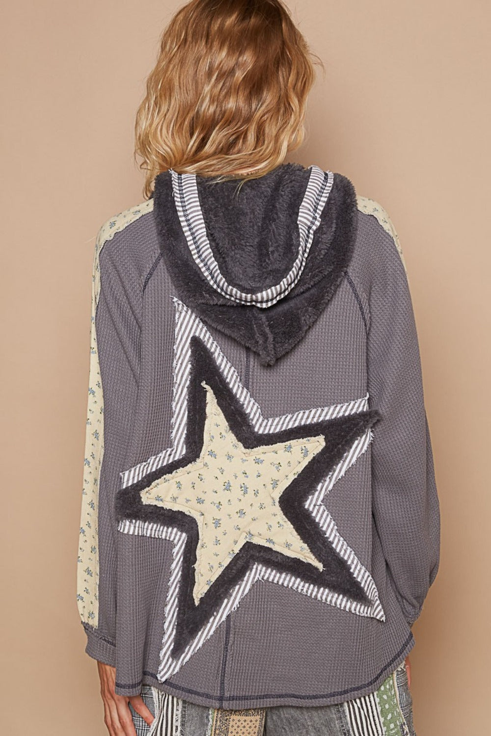 POL Half Zip Up Fleece Mix Back Star Patch Hoodie - T - 1 COLOR -