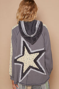 Thumbnail for POL Half Zip Up Fleece Mix Back Star Patch Hoodie - T - 1 COLOR -