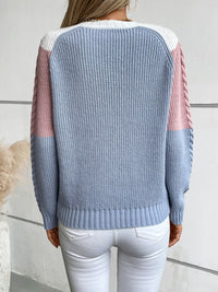 Thumbnail for Color Block Round Neck Long Sleeve Sweater - T - 2 COLORS -