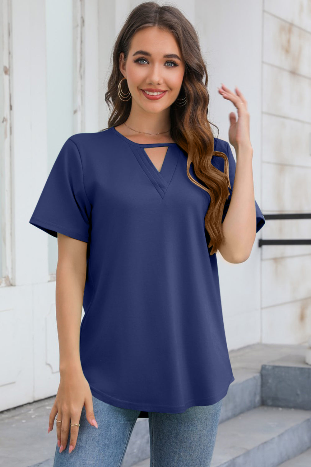 Cutout V-Neck Short Sleeve T-Shirt - T - 5 COLORS -