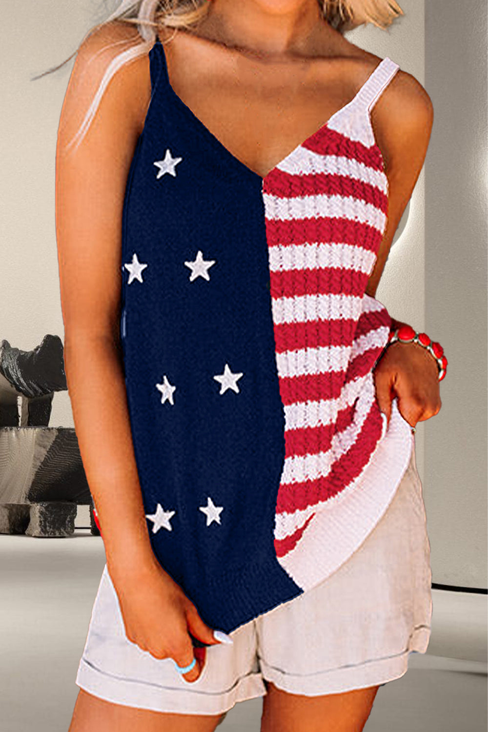 USA Flag Theme V-Neck Knit Cami Tank - T - 1 COLOR -